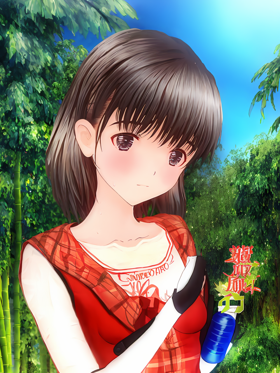 04245-3364990673-1girl, bamboo, bangs, bicycle, bodysuit, bottle, branch, breasts, brown_eyes, brown_hair, cactus, cleavage, clothes_writing, col.png